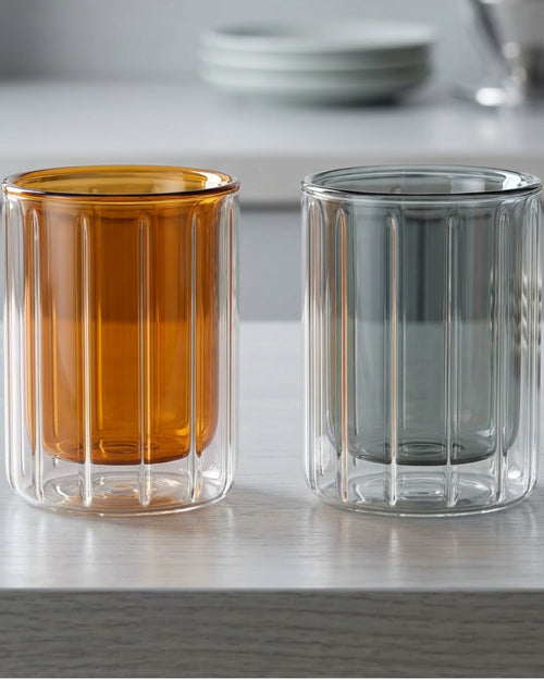 Zmkvn Two Pack Six Ounce Ten Rib Double Wall Glass Cups Amber and Smoke - Lifestyle view